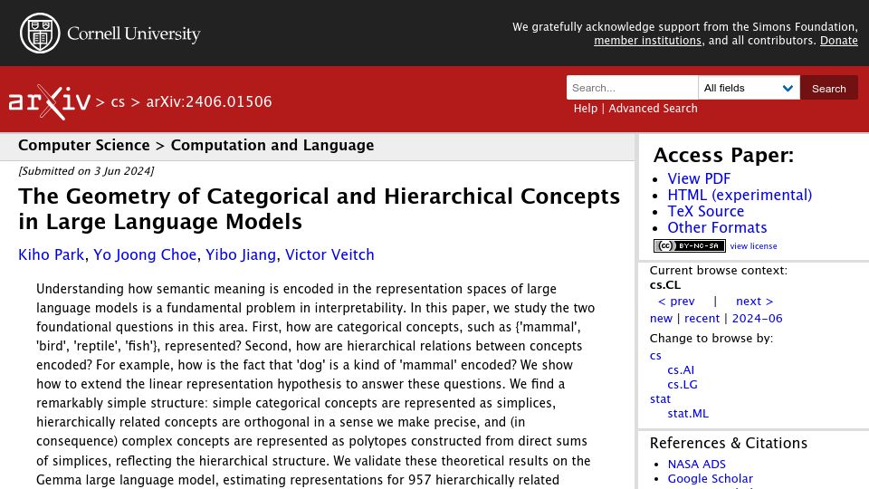 Screenshot of arxiv.org: The Geometry of Categorical and Hierarchical Concepts in Large Language Models