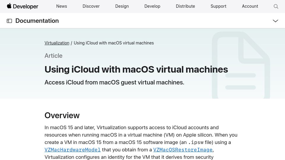 Screenshot of developer.apple.com: macOS Sequoia to Allow iCloud Logins in Virtual Machines on ARM Macs