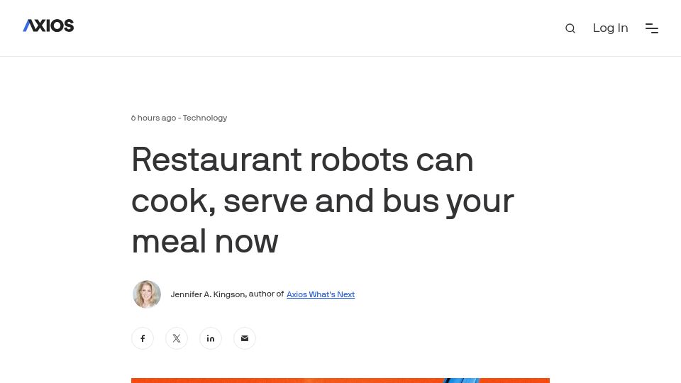 Screenshot of axios.com: Restaurants Place Big Bets on Cooking Robots