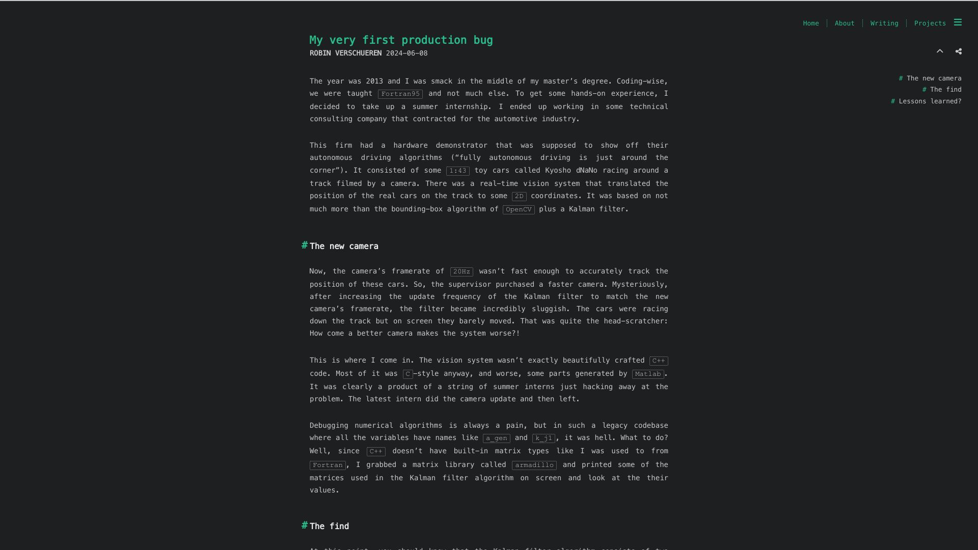 Screenshot of robinverschueren.com: My First Production Bug