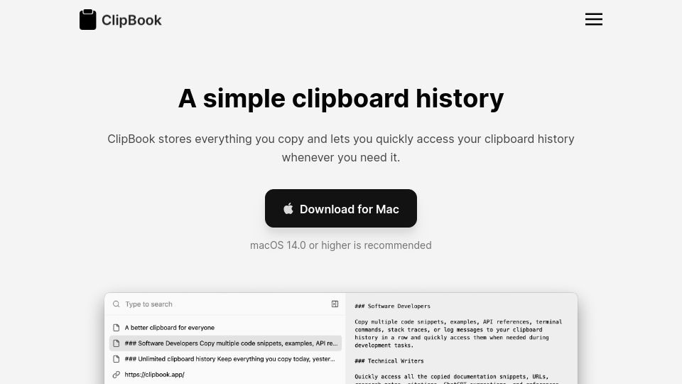 Screenshot of clipbook.app: Show HN: A keyboard-centric clipboard history app for macOS