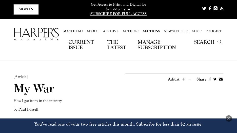 Screenshot of harpers.org: My War (1982)