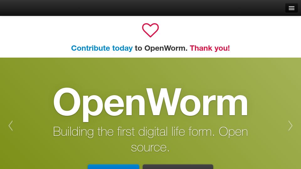 Screenshot of openworm.org: OpenWorm – creating a virtual organism in a computer