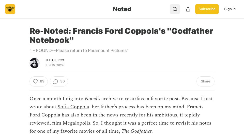 Screenshot of jillianhess.substack.com: Francis Ford Coppola's “Godfather Notebook”
