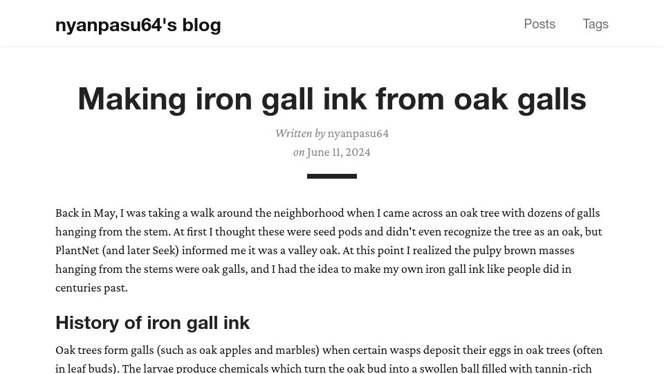 Screenshot of nyanpasu64.gitlab.io: Making iron gall ink from oak galls