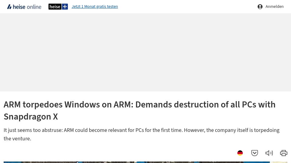 Screenshot of heise.de: ARM torpedoes Windows on ARM: Demands destruction of all PCs with Snapdragon X