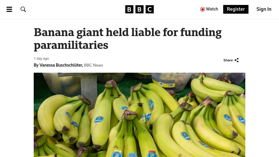 Screenshot of bbc.com: Banana giant Chiquita held liable by US court for funding paramilitaries