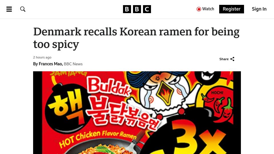 Screenshot of bbc.com: Denmark recalls Korean ramen for being too spicy