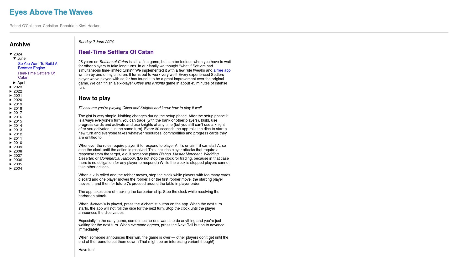 Screenshot of robert.ocallahan.org: Real-Time Settlers of Catan