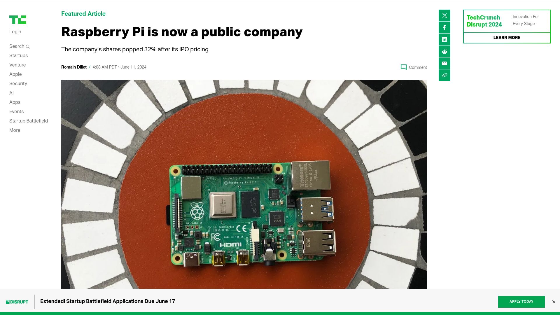 Screenshot of techcrunch.com: Raspberry Pi is now a public company