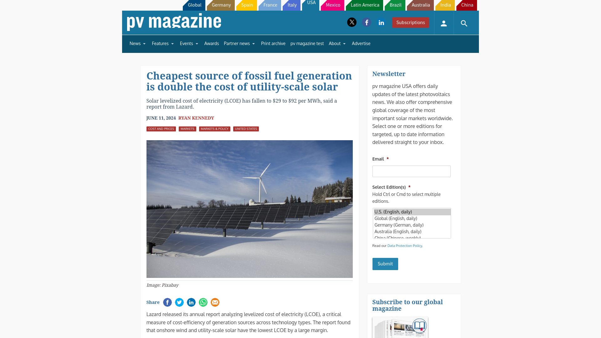 Screenshot of pv-magazine-usa.com: Cheapest source of fossil fuel generation is double the cost of solar