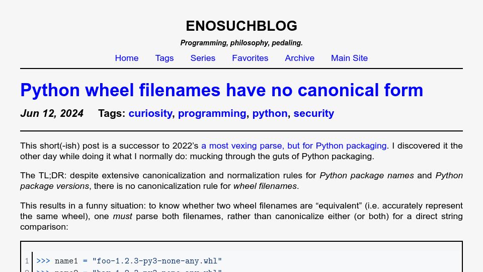 Screenshot of blog.yossarian.net: Python wheel filenames have no canonical form