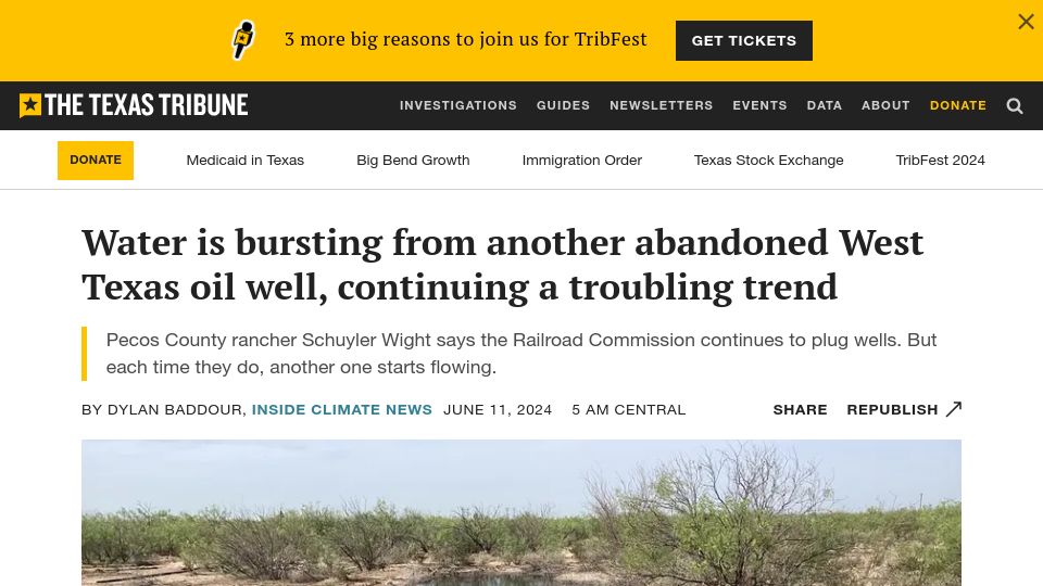 Screenshot of texastribune.org: Water is bursting from another abandoned West Texas oil well, continuing a trend