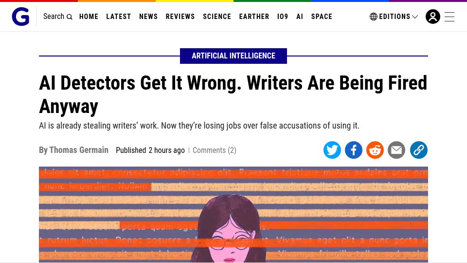 Screenshot of gizmodo.com: AI Detectors Get It Wrong. Writers Are Being Fired Anyway