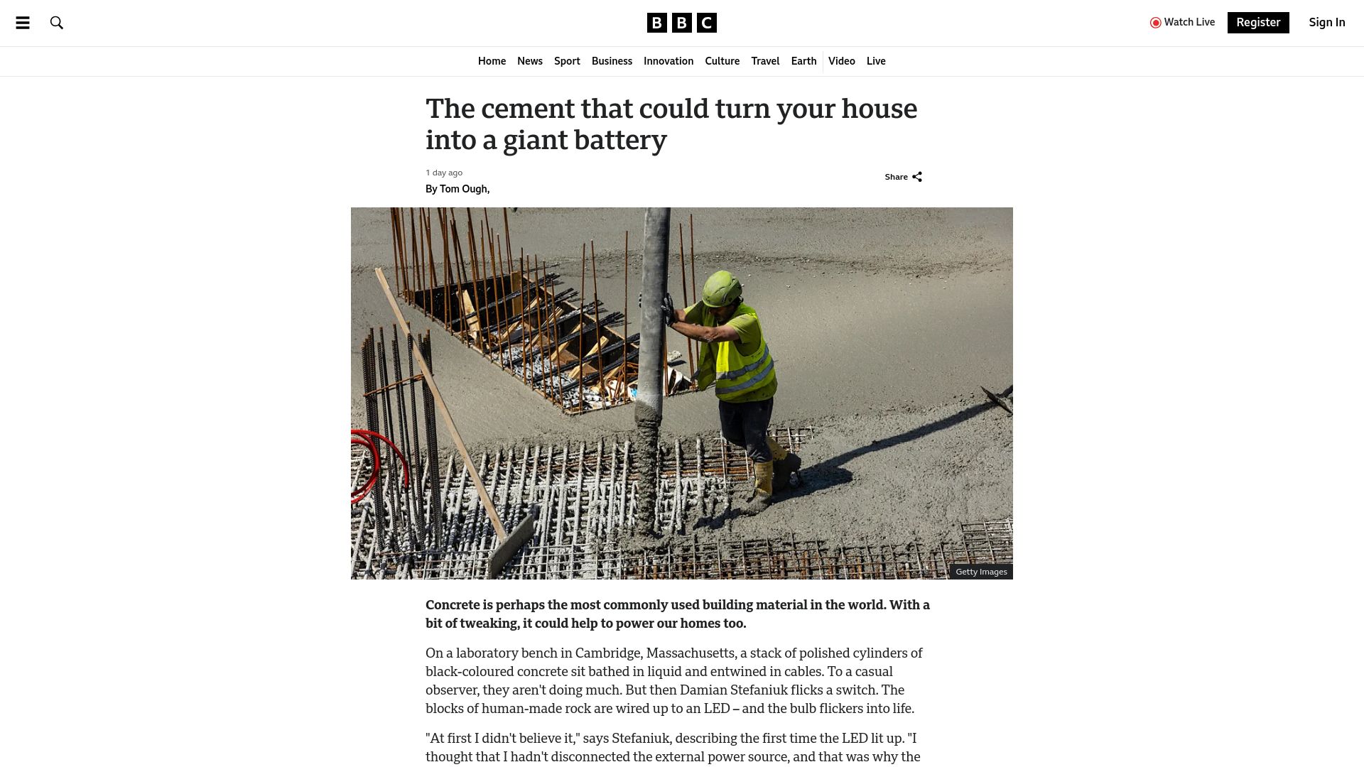 Screenshot of bbc.com: Researchers make a supercapacitor from water, cement, and carbon black