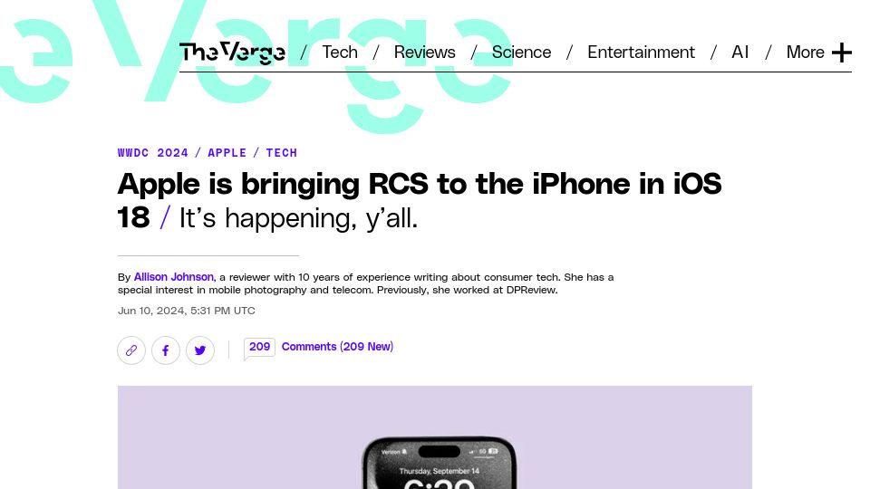 Screenshot of theverge.com: Apple is finally bringing RCS messaging to the iPhone