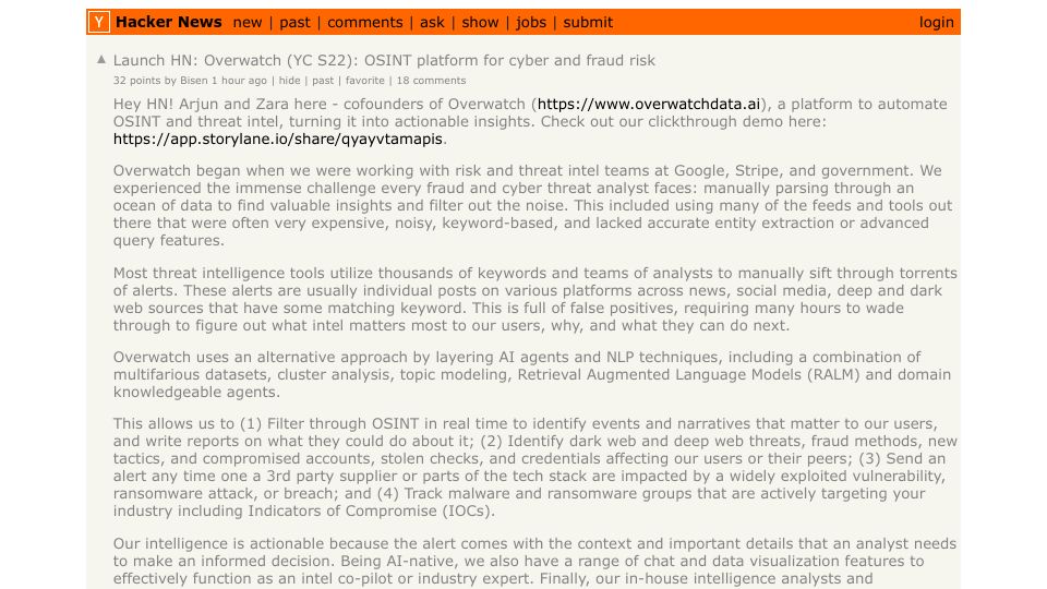 Screenshot of Hacker News post: Launch HN: Overwatch (YC S22): OSINT platform for cyber and fraud risk