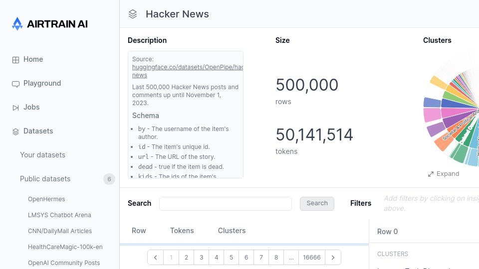 Screenshot of app.airtrain.ai: Show HN: Semantic clusters and embeddings for 500k Hacker News comments