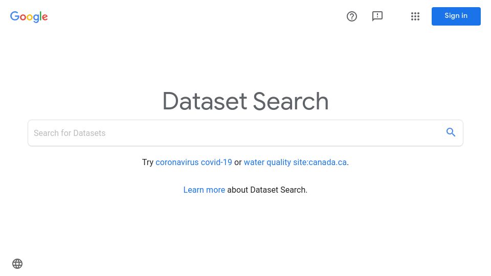 Screenshot of datasetsearch.research.google.com: Google Dataset Search Engine