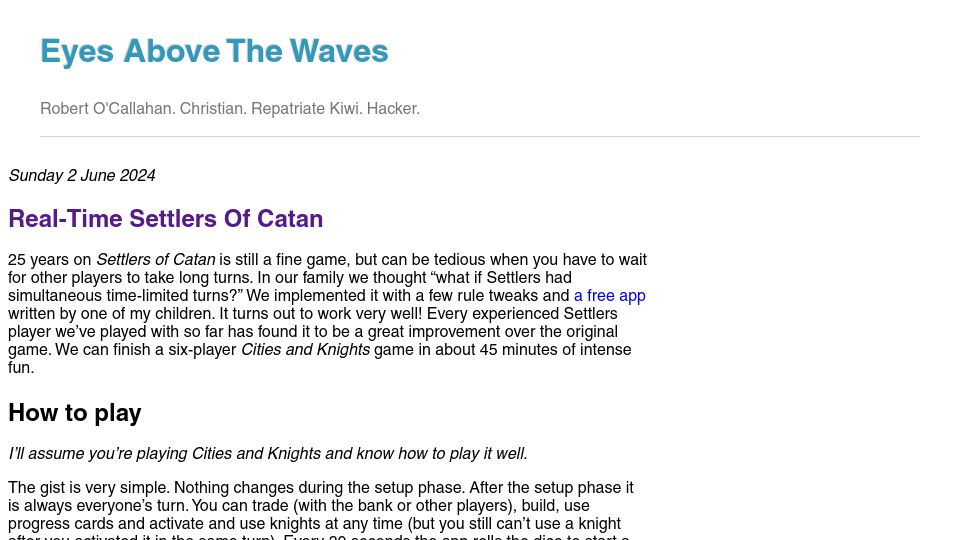 Screenshot of robert.ocallahan.org: Real-Time Settlers of Catan