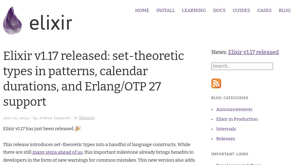 Screenshot of elixir-lang.org: Elixir 1.17 released: set-theoretic types in patterns, durations, OTP 27