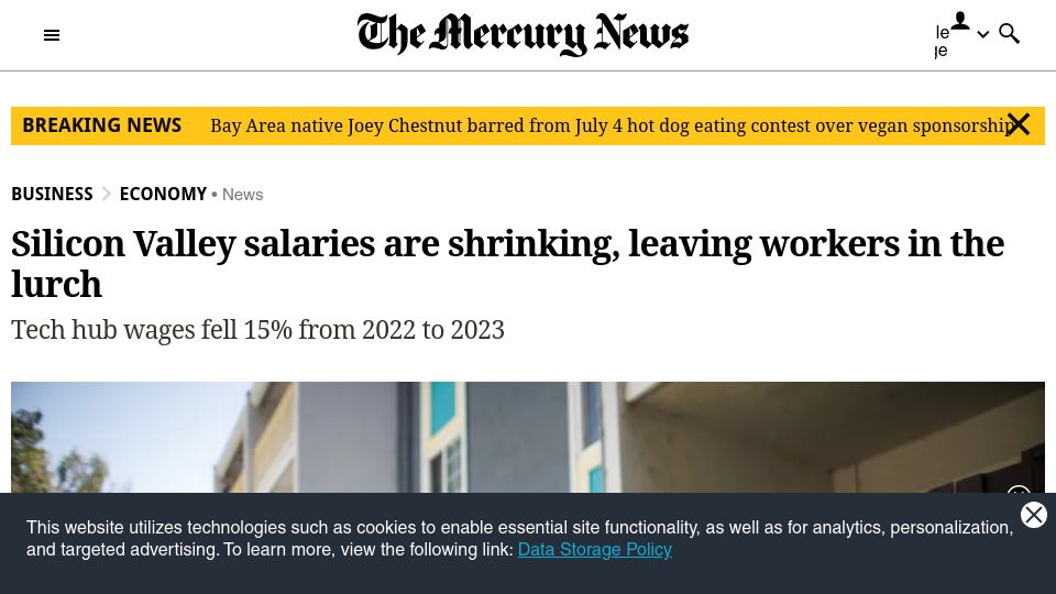 Screenshot of mercurynews.com: Silicon Valley salaries are shrinking, leaving workers in the lurch