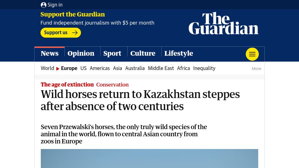 Screenshot of theguardian.com: Wild horses reintroduced to Kazakhstan steppes after absence of two centuries