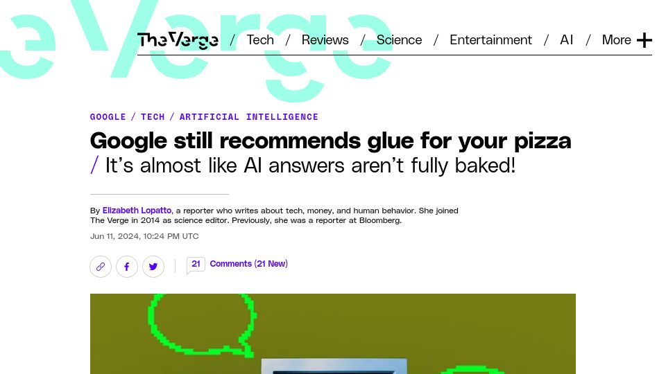 Screenshot of theverge.com: Google still recommends glue for your pizza