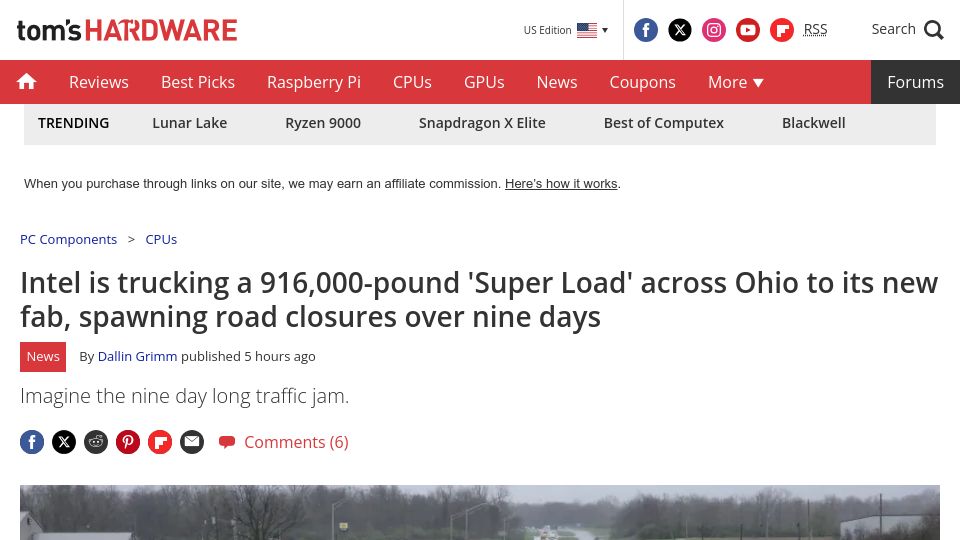 Screenshot of tomshardware.com: Intel is trucking a 916k-pound 'Super Load' across Ohio to its new fab