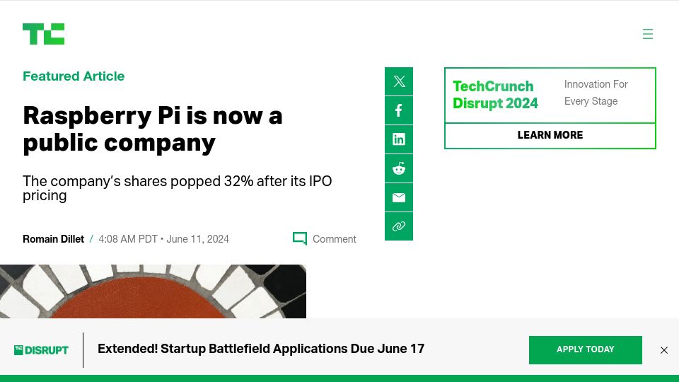 Screenshot of techcrunch.com: Raspberry Pi is now a public company