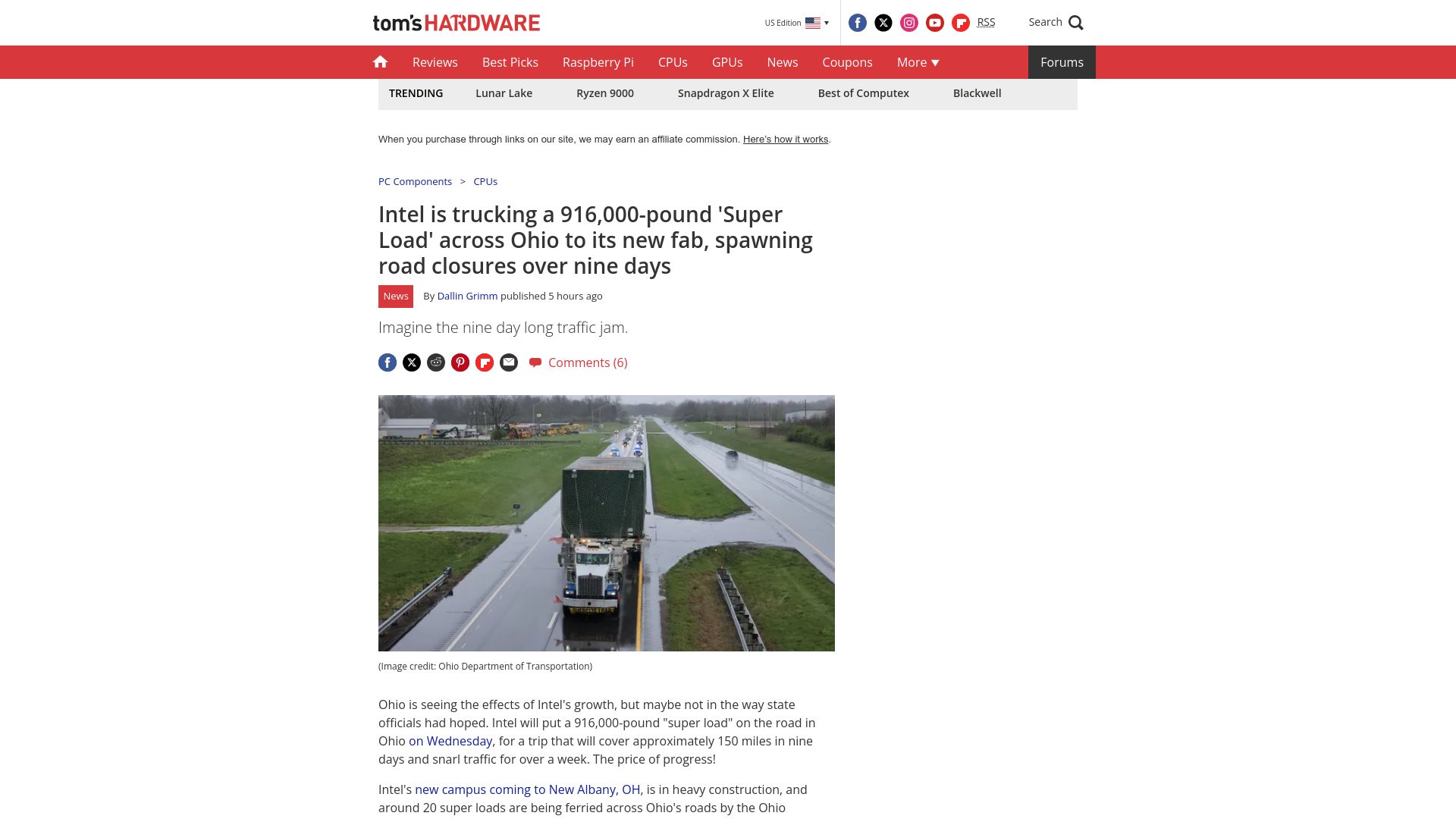 Screenshot of tomshardware.com: Intel is trucking a 916k-pound 'Super Load' across Ohio to its new fab