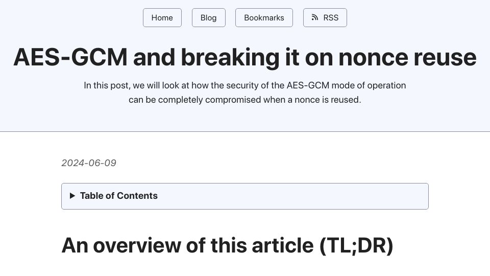Screenshot of frereit.de: AES-GCM and breaking it on nonce reuse