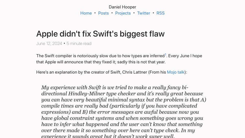 Screenshot of danielchasehooper.com: The Swift compiler is slow due to how types are inferred
