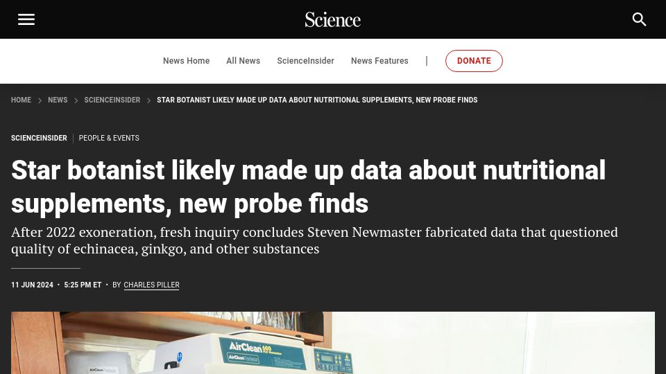 Screenshot of science.org: Star botanist likely made up data about nutritional supplements, new probe finds