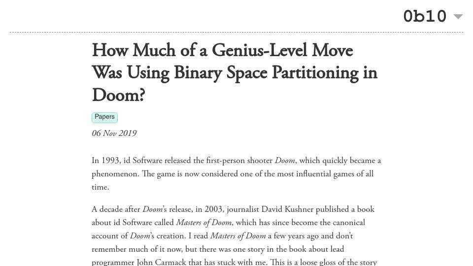 Screenshot of twobithistory.org: How much of a genius-level move was binary space partitioning in Doom? (2019)