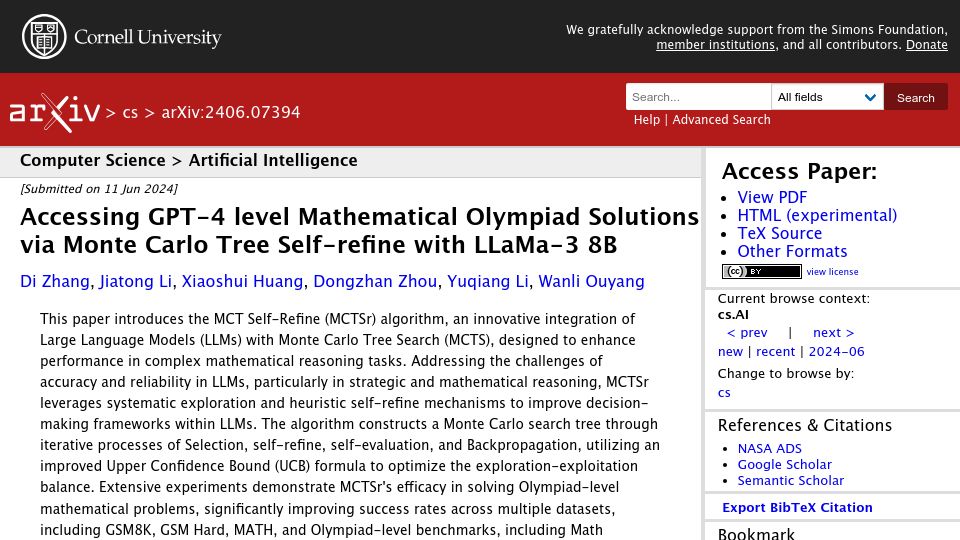 Screenshot of arxiv.org: Accessing Math Solutions via Monte Carlo Self-Refine with LLaMa-3 8B