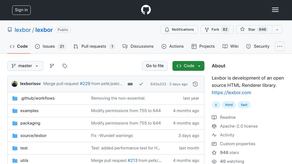 Screenshot of github.com: Lexbor – An open source HTML Renderer library
