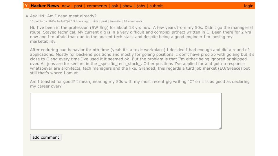 Screenshot of Hacker News post: Ask HN: Am I dead meat already?
