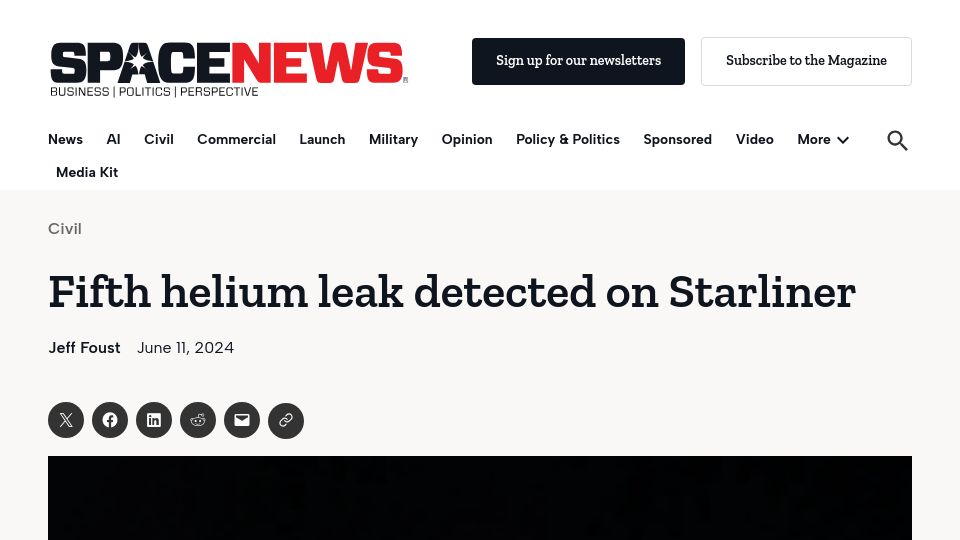 Screenshot of spacenews.com: Fifth helium leak detected on Starliner