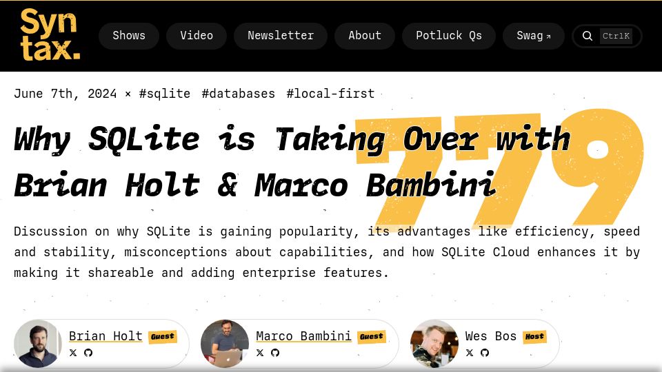Screenshot of syntax.fm: Discussion on why SQLite is gaining popularity [audio]