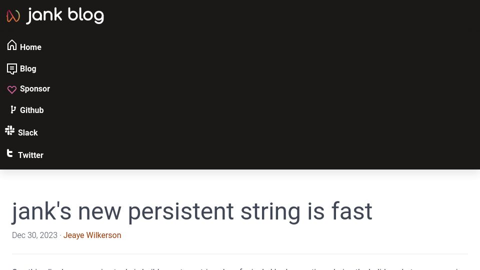 Screenshot of jank-lang.org: Jank's new persistent string is fast (2023)