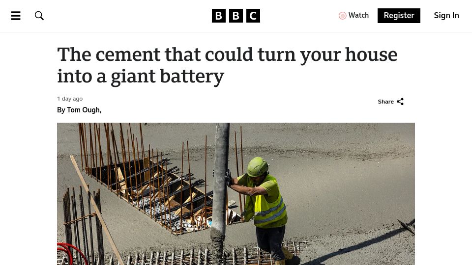 Screenshot of bbc.com: Researchers make a supercapacitor from water, cement, and carbon black