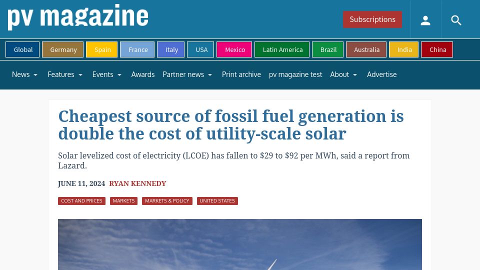 Screenshot of pv-magazine-usa.com: Cheapest source of fossil fuel generation is double the cost of solar