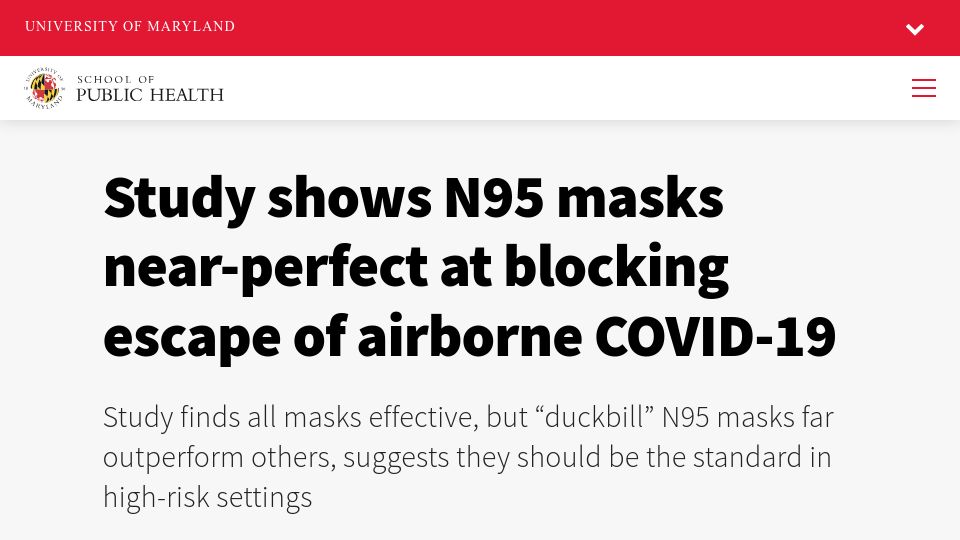 Screenshot of sph.umd.edu: Study shows N95 masks near-perfect at blocking escape of airborne Covid-19
