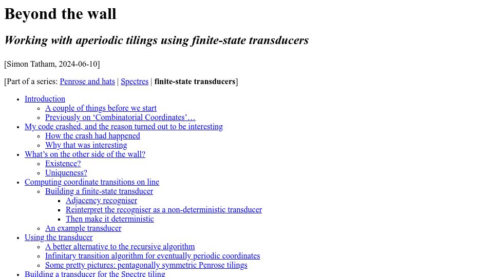 Screenshot of chiark.greenend.org.uk: Beyond the wall: Working with aperiodic tilings using finite-state transducers