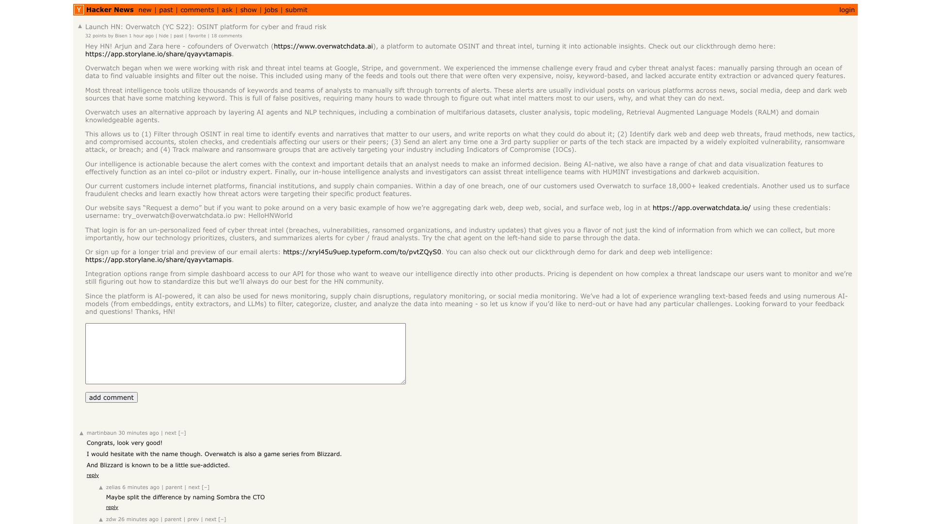 Screenshot of this Hacker News post: Launch HN: Overwatch (YC S22): OSINT platform for cyber and fraud risk
