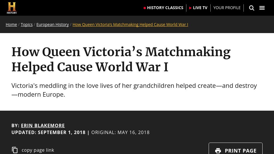Screenshot of history.com: How Queen Victoria’s Matchmaking Helped Cause World War I