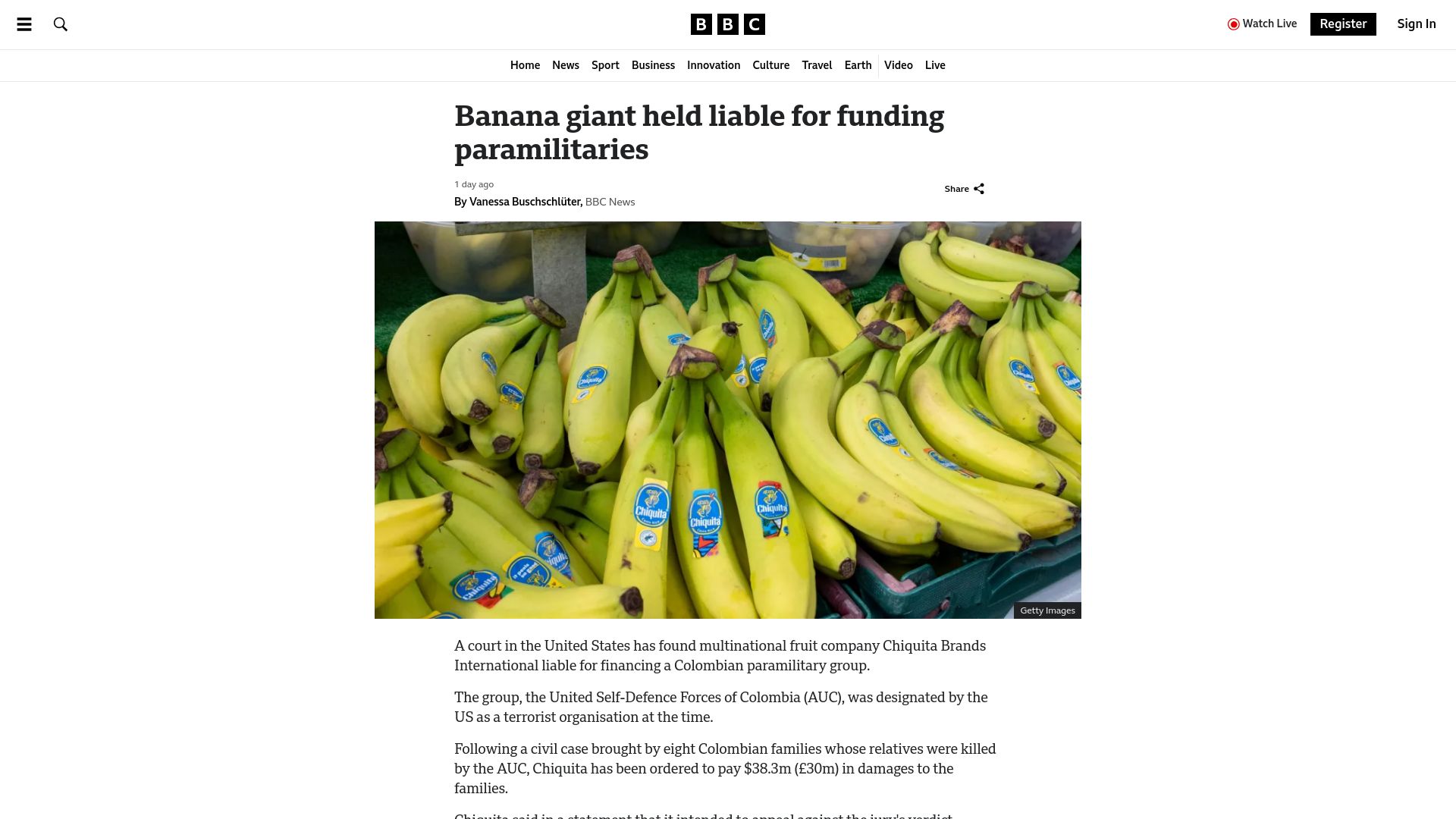 Screenshot of bbc.com: Banana giant Chiquita held liable by US court for funding paramilitaries