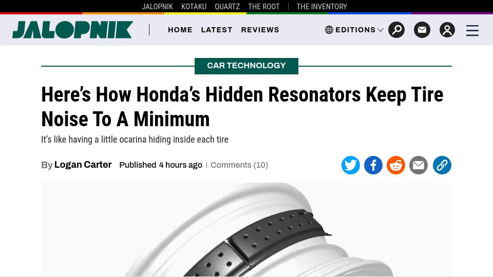 Screenshot of jalopnik.com: Honda's Hidden Resonators Keep Tire Noise to a Minimum