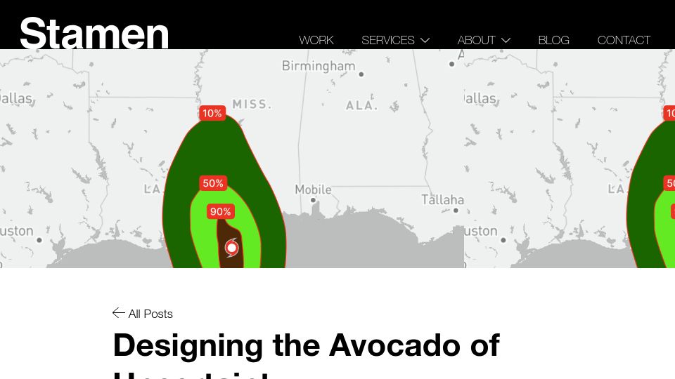 Screenshot of stamen.com: Designing the avocado of uncertainty visualization